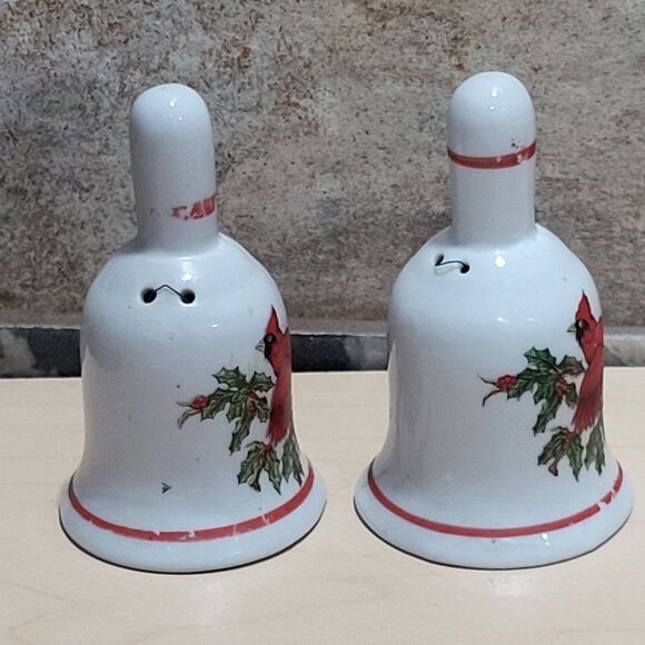 Vintage Pair Porcelain Bells Hand Painted Red Cardinal Bird on Branch Holly and - Picture 5 of 9